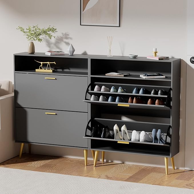 JOZZBY Shoe Cabinet for Entryway, Narrow Shoe Storage Cabinet with 2 Flip Drawers, Freestanding Hidden Shoe Rack Storage with Open Shelves for Hallway, Living Room