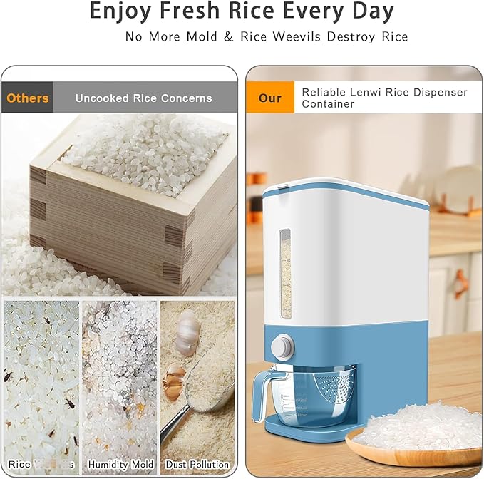 Lenwi 22-25 Lbs Rice Dispenser, Large Cereal Dry Food Storage Containers with Measuring Cup,BPA-Free Household for Kitchen Pantry Organization-Blue