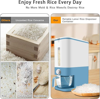 Lenwi 22-25 Lbs Rice Dispenser, Large Cereal Dry Food Storage Containers with Measuring Cup,BPA-Free Household for Kitchen Pantry Organization-Blue