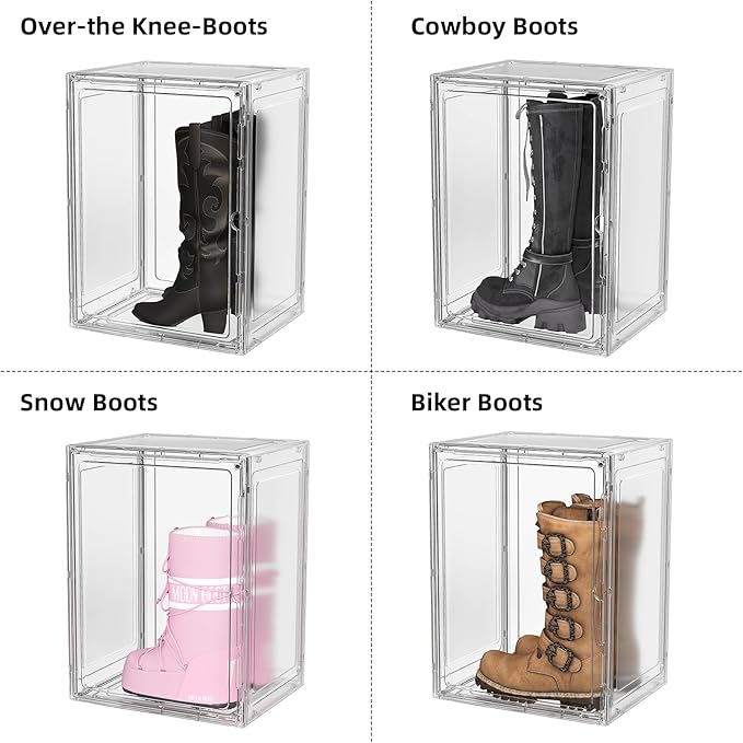 Boot Storage Organizer Tall Boot Shoe Storage Box for Closet 4 Pack Super Large Plastic Boots Container for Storage, Stackable Display Case for Collectibles, Backpack, Helmet, White, XXXXL