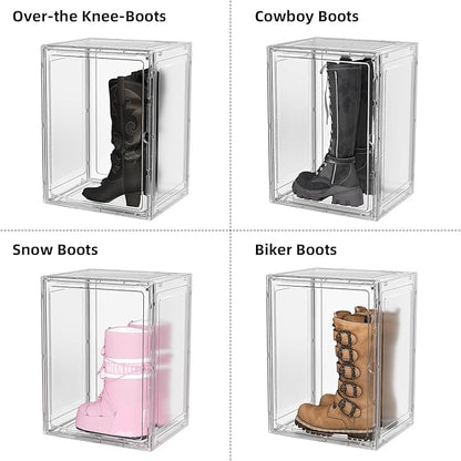 Boot Storage Organizer Tall Boot Shoe Storage Box for Closet 4 Pack Super Large Plastic Boots Container for Storage, Stackable Display Case for Collectibles, Backpack, Helmet, White, XXXXL