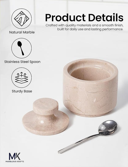 MARBLOUS KRAFTS Marble Salt Container with Lid & Spoon 3" Verona Pepper, Spices & Seasonings Jar for Kitchen Storage, Perfect Sugar Bowl & Salt Box Countertop Décor, Gift for Her