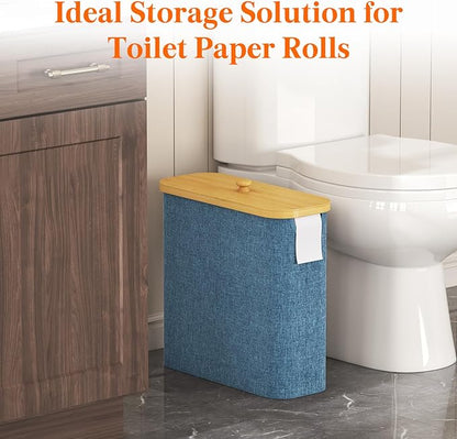 Lifewit Toilet Paper Storage Holder for 12 to 16 Rolls, Free Standing Toilet Paper Basket Stand with Bamboo Lid, Collapsible Fabric Bathroom Organizer Box for Mega Rolls, 30L, Extra Large, Dark Blue