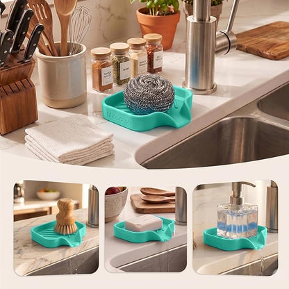 MicoYang Silicone Bathroom Soap Dishes with Drain Spout-Bathroom and Kitchen Sink Organizer,Sponge Holder,Dish Soap Tray,Perfect for Dispenser,Scrubber,Bottle,Cup on Sink or Counter-Mint 4.9"×3.2"