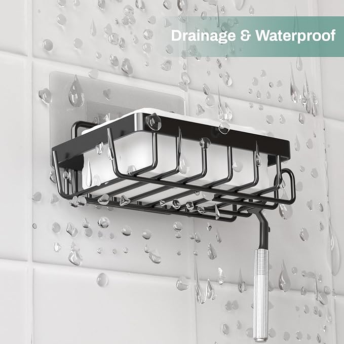 Adhesive Soap Bar Holder for Shower Wall, Self Draining Soap Dish Container Caddy Saver with 2 Hooks for Razor Loofah, Shampoo Sponge Tray Case Box for Bathroom Kitchen Sink, Black