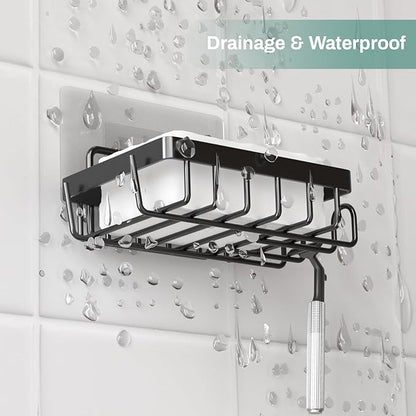 Adhesive Soap Bar Holder for Shower Wall, Self Draining Soap Dish Container Caddy Saver with 2 Hooks for Razor Loofah, Shampoo Sponge Tray Case Box for Bathroom Kitchen Sink, Black