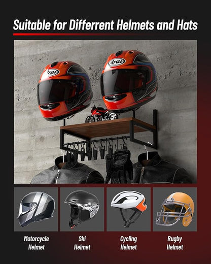 Vieshful Motorcycle Helmet Holder Wall Mount, Helmet Organizer Rack with 1 Layer Wooden Boards and 2 Hat Stands, Helmet Hanger for Motorcycle Accesories Storage with 4 Glove Chips and 5 hooks