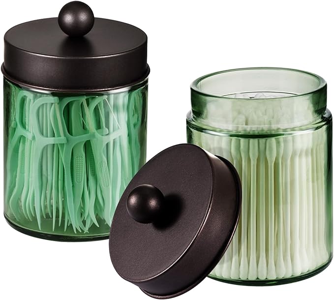 3 Pack Apothecary Jar Canisters Bathroom Vanity Organizer - Qtip Holder Storage Organizer Set Countertop Canister with Stainless Steel Lids &Cute Stickers for Qtips,Cotton Swabs,Makeup Sponges,Floss