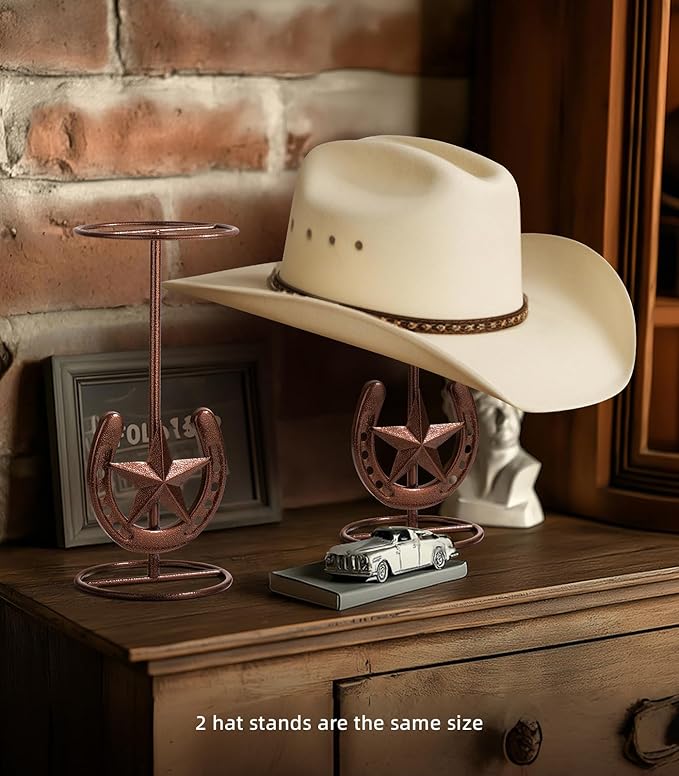 Cowboy Hat Stand, Hat Display, Western Horseshoe Decor, Cowboy Hat Holder, Hat Stands for Display Tabletop, Cowboys Gifts for Men, Desk Hat Rack for Fedora, Sun Hats,Straw Hats, Iron, Bronze, 2 Packs