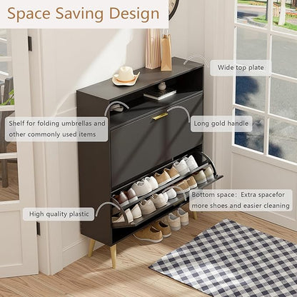 LYNSOM Shoe Cabinet, Free Standing Tipping Bucket Shoe Rack Organizer with 2 Flip Drawers, Modern Entryway Shoe Storage with Top Display, Narrow Slim Hidden Shoe Cabinet (Black)