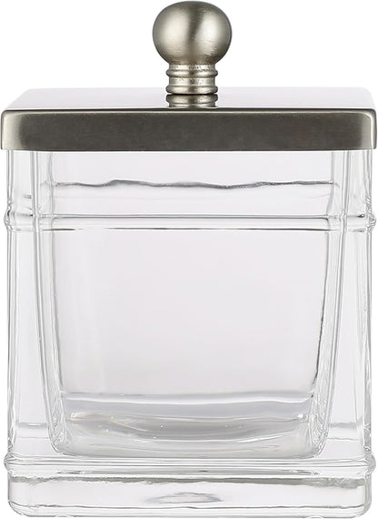 Apothecary Glass Cotton Jar Holder Brushed Nickel Stainless Steel Lid, Elegant Bathroom Storage Canister for Qtips, Cotton Balls, Floss, Makeup Organizer, Vanity Bathroom Organization