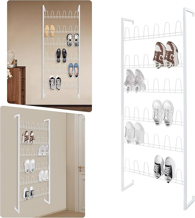 Wall Mounted Metal Shoe Rack Organizer, 6-Tier Iron Hanging Shoe Storage, Shoe Shelf Holds 18 Pairs of Shoes, Shoe Storage Rack for Entryway, Bedroom, Closet, Garage (White, 6-Tier)