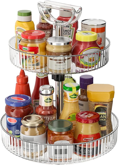 2-Tier Lazy Susan 360° Rotating Turntable Organizer Rack with Handles Height Adjustable, Spice Rack Holder Organizer for Cabinet, Pantry Organizers Bathroom Countertop Storage (Transparent Color)