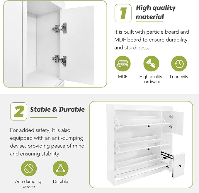 JIVOIT Modern Shoe Cabinet with 3 Flip Drawers and Cabinet, Free Standing Shoe Rack with Pull-Down Seat, Versatile 3-Tier Shoe Storage Organizer for Entryway Hallway (White 7)