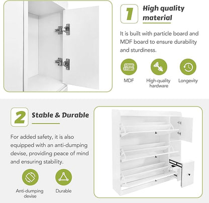 JIVOIT Modern Shoe Cabinet with 3 Flip Drawers and Cabinet, Free Standing Shoe Rack with Pull-Down Seat, Versatile 3-Tier Shoe Storage Organizer for Entryway Hallway (White 7)