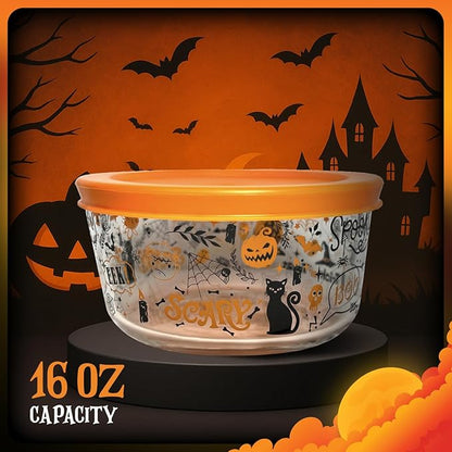 DURA LIVING Halloween Glass Food Storage Containers with Lids | Set of 6 (3 Containers + 3 Lids) 2-Cup | Spooky Design, BPA-Free, Microwave & Dishwasher Safe|Perfect for Meal Prep, Snacks & Leftovers