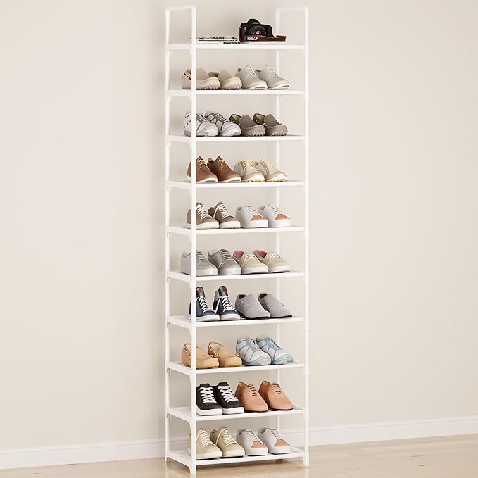 10-Tier Large Capacity Shoe Rack, Sturdy Narrow Shoe Stand for Entryway, Closet, Hallway, 20-25 Pairs Waterproof Dustproof Shoe Storage, Space Saving Tall Shoe Tower(White)