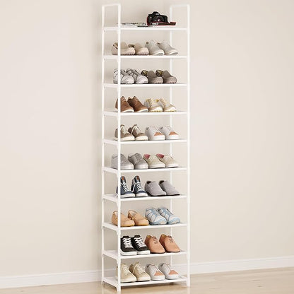 10-Tier Large Capacity Shoe Rack, Sturdy Narrow Shoe Stand for Entryway, Closet, Hallway, 20-25 Pairs Waterproof Dustproof Shoe Storage, Space Saving Tall Shoe Tower(White)