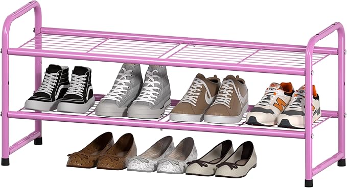 SUFAUY 2 Tier 33" Wide Shoe Rack, Closet Metal Wire, Stackable, Pink