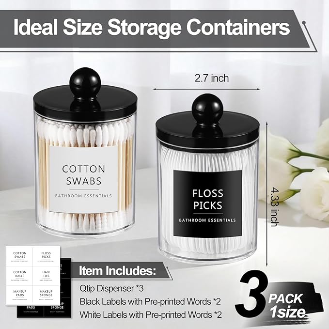 SheeChung 3 Pack Acrylic Qtip Holder Dispenser,Bathroom Jars with Lids Set for Cotton Swabs,Balls,Pads,Floss,Clear Plastic Canisters Apothecary Jars,Bathroom Essentials Makeup Vanity Organizer(10oz)