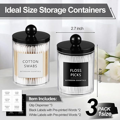 SheeChung 3 Pack Acrylic Qtip Holder Dispenser,Bathroom Jars with Lids Set for Cotton Swabs,Balls,Pads,Floss,Clear Plastic Canisters Apothecary Jars,Bathroom Essentials Makeup Vanity Organizer(10oz)