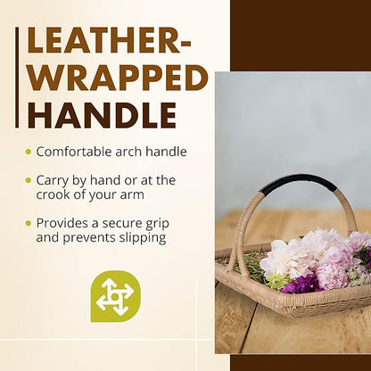 KOUBOO Vegetable & Flower Wicker Basket, Handwoven Rattan Basket with Leather-Wrapped Arch Handle, Organization & Home Decor for Storage, Gardening, Picnics, & Serving, Natural Color, Small