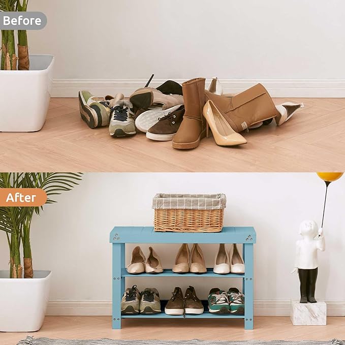 Apicizon Bamboo Shoe Rack for Entryway, 3-Tier Shoe Rack Bench for Front Indoor Entrance, Small Shoe Organizer with Storage, Blue