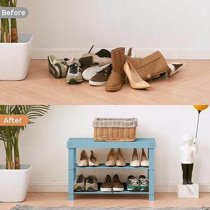 Apicizon Bamboo Shoe Rack for Entryway, 3-Tier Shoe Rack Bench for Front Indoor Entrance, Small Shoe Organizer with Storage, Blue