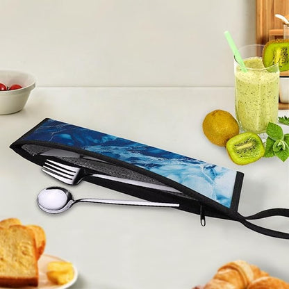 COEQINE Blue Marble Kitchen Utensil Holder Moder Marble Print Fork Spoon Knife Organizer For Party Portable Flatware Storage Case With Handles Leafproof Machine Washable