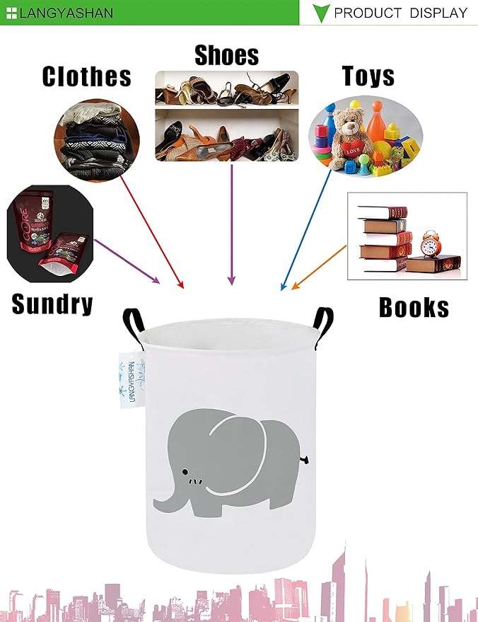 Laundry Basket Canvas Fabric Collapsible Organizer Basket for Storage Bin Toy Bins Gift Baskets Bedroom Clothes Children Nursery Hamper (Elephant)