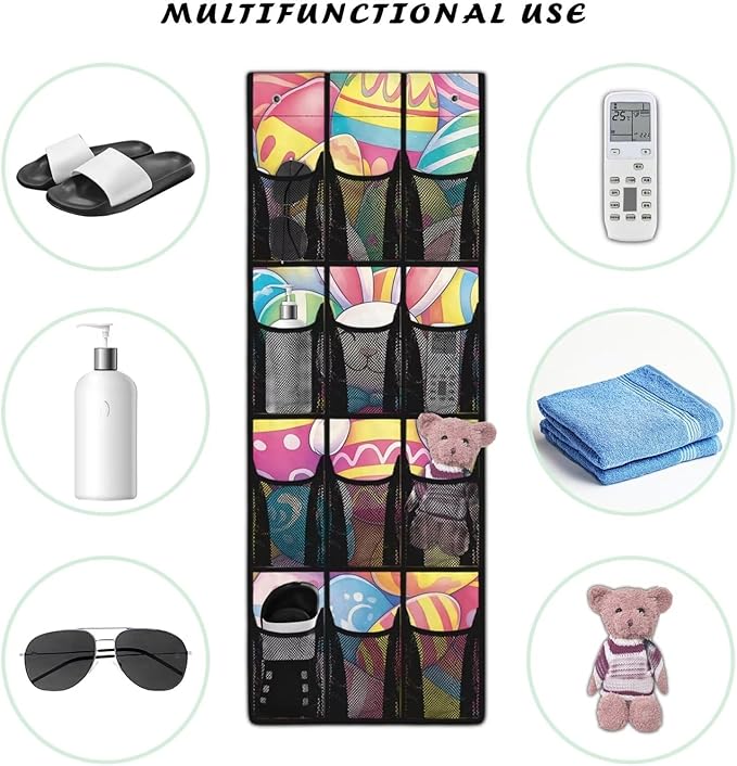 Large Capacity 12-Pocket Behind The Door Hanging Organizer, Oxford Fabric Waterproof Foldable Storage Bag for Bathroom Bedroom Pantry, Easter Bunny Eggs