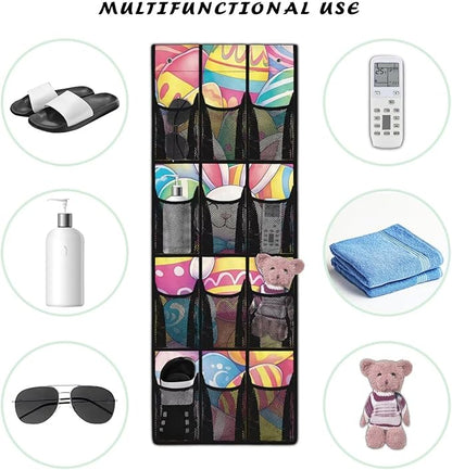 Large Capacity 12-Pocket Behind The Door Hanging Organizer, Oxford Fabric Waterproof Foldable Storage Bag for Bathroom Bedroom Pantry, Easter Bunny Eggs