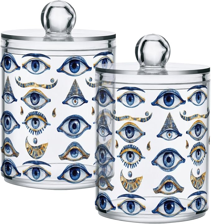 Magical Evil Eye Qtip Holder Dispenser Celestial Suns Moons Stars Bathroom Canister Storage Organization 2 Pack Clear Plastic Apothecary Jars with Lids Vanity Makeup Organizer For Cotton Swab Ball F