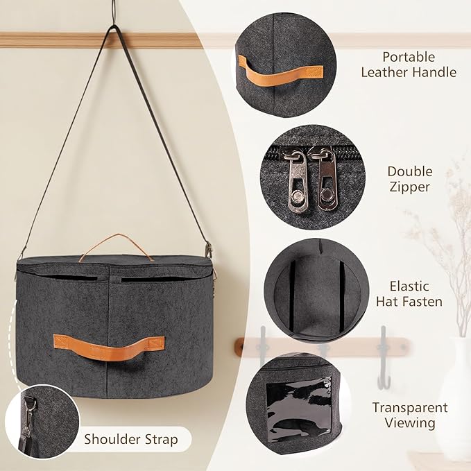 HEAVYWOOD Hat Box for Women Storage Travel Felt Hat Case for Wide-Brim Cowboy Hat Storage for Large Round Hat Carrier with Portable Handle Shoulder Strap (Dark Gray, Shoulder Stripe)