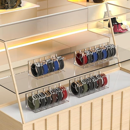 GTI Belt Organizer,Acrylic 5 Compartments belt organizer for closet and wall,Belt Storage Holder for Drawer,Clear Belt Display Case for Closet Tie and Bow Tie
