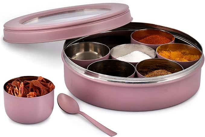 Elan 7 Compartment Multipurpose Air-Tight Stainless Steel See-Through Round Colorful Spice Box/Popula Dabba with Lid and Spoon | Mauve, (1500 ml)
