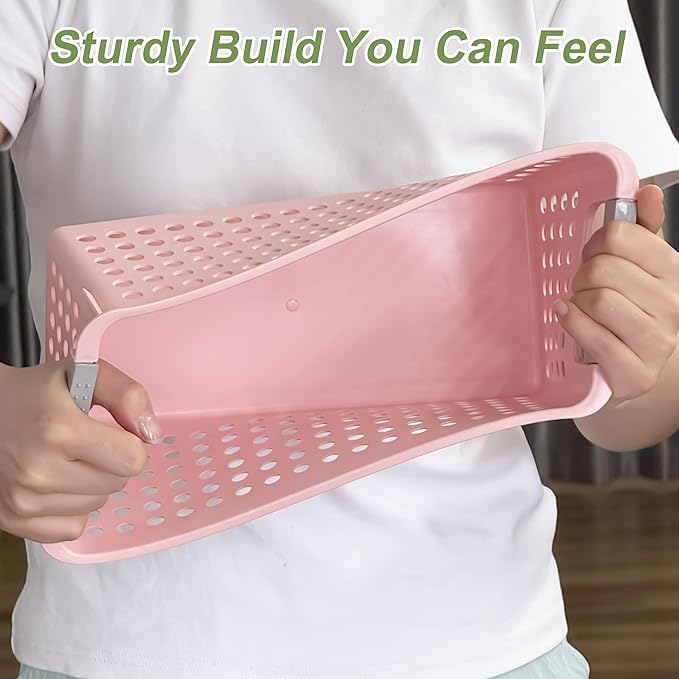 Soddeph 4 Pack Slim Plastic Storage Basket with Handles, Rectangular Storage Bins for Shelves,Narrow Organizer box for Organizing, Kitchen,Home,Office(Pink, Small)
