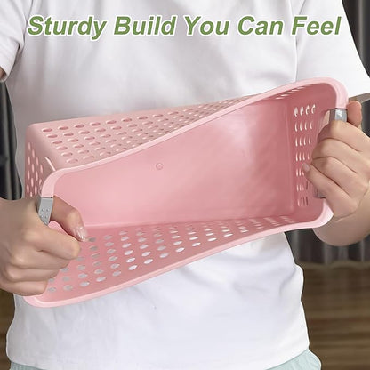 Soddeph 4 Pack Slim Plastic Storage Basket with Handles, Rectangular Storage Bins for Shelves,Narrow Organizer box for Organizing, Kitchen,Home,Office(Pink, Small)