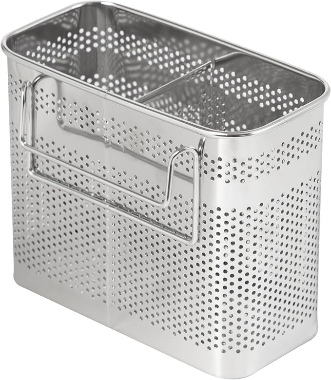 HOME&I Silverware Drying Basket for Dish Rack, SUS 304 Stainless Steel Hanging Utensil Holder with Wide Stable Hooks, 2-Compartment Cutlery Caddy for Kitchen Sink & Counterto