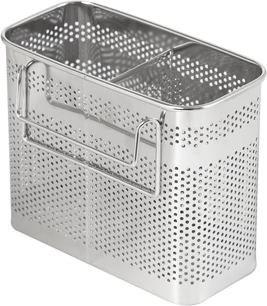 HOME&I Silverware Drying Basket for Dish Rack, SUS 304 Stainless Steel Hanging Utensil Holder with Wide Stable Hooks, 2-Compartment Cutlery Caddy for Kitchen Sink & Counterto