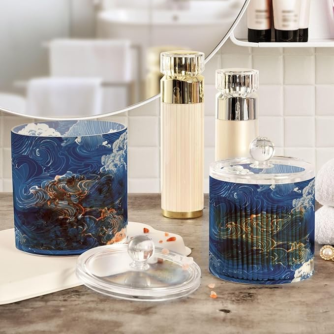 2 Pack Qtip Dispenser Apothecary Jars with Lids Cotton Round Holder Bathroom Canisters for Cotton Swab Floss Ball Pads Clear Plastic Decorative Blue Ocean Waves