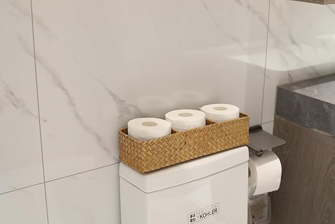 DOKOT Seagrass Toilet Tank Basket with 3 Section, Bathroom Toilet Paper Storage Baskets for Organizing (Natural)