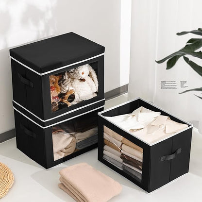 Homsorout Stackable Storage Bins with Lids - Large Decorative Basket with Lids, Fabric Foldable Closet Organizer Bins, Shelf Organizer for Living Room, Dorm, 5 Pack, Black