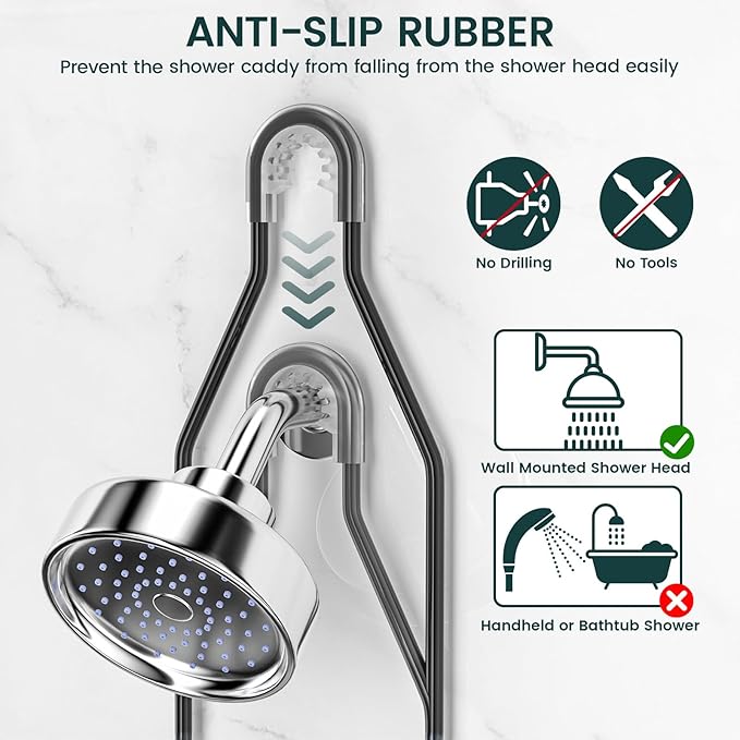 Shower Caddy Hanging Adjustable Shower Caddy, Rustproof Shower Organizer Extended Length Shower Caddies Over Shower Head with Hooks Soap Holder, Large Capacity Anti-Swing Bathroom Storage, Black