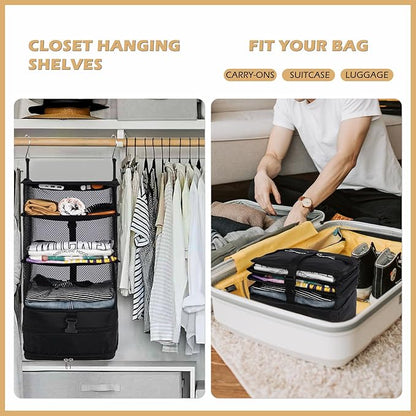 Surblue Hanging Closet Storage Bag Collapsible 3-Shelf Washable Oxford Fabric with 2 Hooks (L 11.41 * 11.41 * 19.68in, Black)