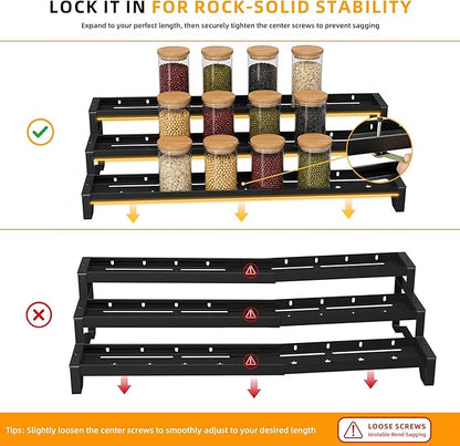 3-Tier Spice Rack Organizer, 13"-21.5" Expandable Spice Organization Shelf, Metal Seasoning Organizer for Kitchen Countertop or Pantry, Slip-Resistant Design for Jars and Bottles, Black