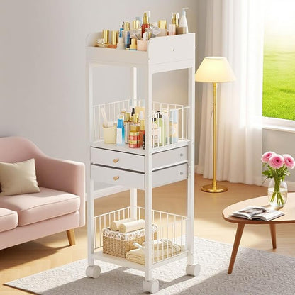 Makeup Organizer Storage Cart, Rolling Floor Skincare Organizer with 2 Drawers, Makeup Vanity Organizer Cosmetics Display Cases Holder for Skin Care, Perfume, Makeup Brush, Nail Polish, Hair Tools