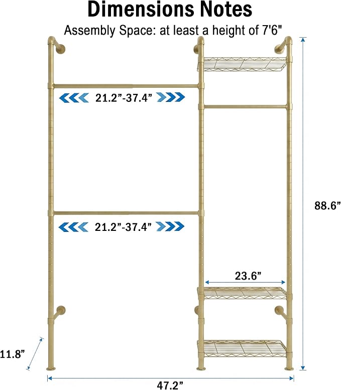 Wall Mounted Closet System – Adjustable Clothing Rack with 2 Expandable Rods & 3 Shelves, Heavy Duty Industrial Pipe Clothes Rack for Closet Organizer and Storage, Gold
