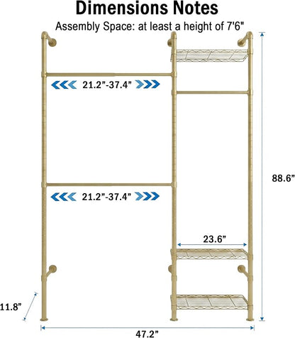 Wall Mounted Closet System – Adjustable Clothing Rack with 2 Expandable Rods & 3 Shelves, Heavy Duty Industrial Pipe Clothes Rack for Closet Organizer and Storage, Gold