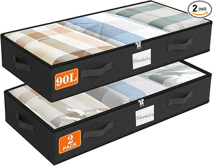 SpaceWhisper 90L Under Bed Storage Containers, 2-Pack Storage Bins with Clear Top, Foldable Closet Organizers and Storage with Label Holder for Clothing, Blankets, Comforter & Pillows(Black)